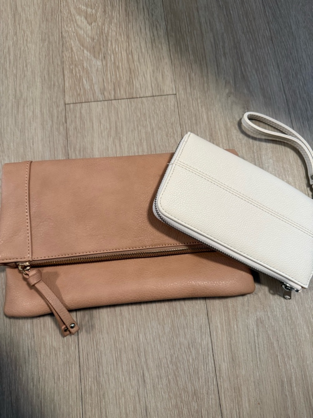 Neutral Tan Fold-Over Clutch with White Wristlet Wallet
